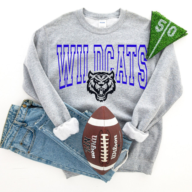 Wildcats, product image of a custom color options DTF heat transfer on a gray sweatshirt with Wildcats team logo and text, paired with denim jeans and sports accessories.