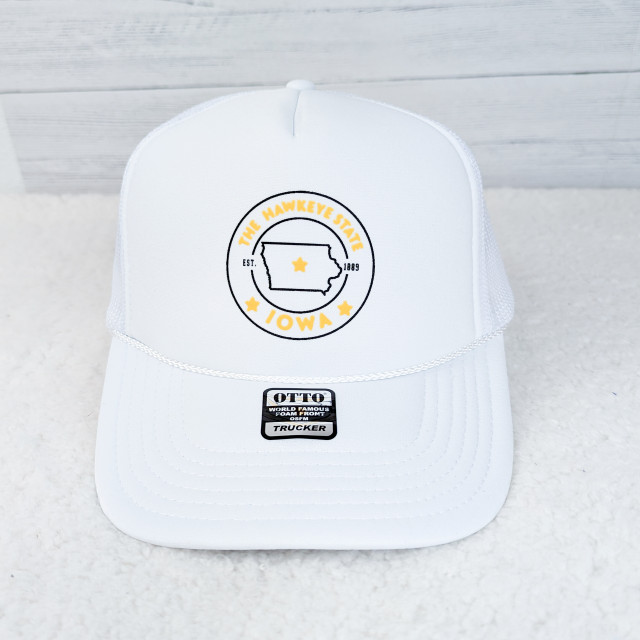 The Hawkeye State PUFF Hat/Pocket Screen Print Heat Transfer, white trucker cap with Iowa state map and text design.