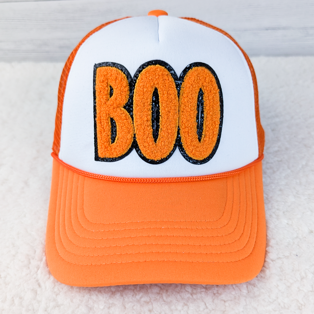 Boo HAT/POCKET Chenille Patch With Black Glitter