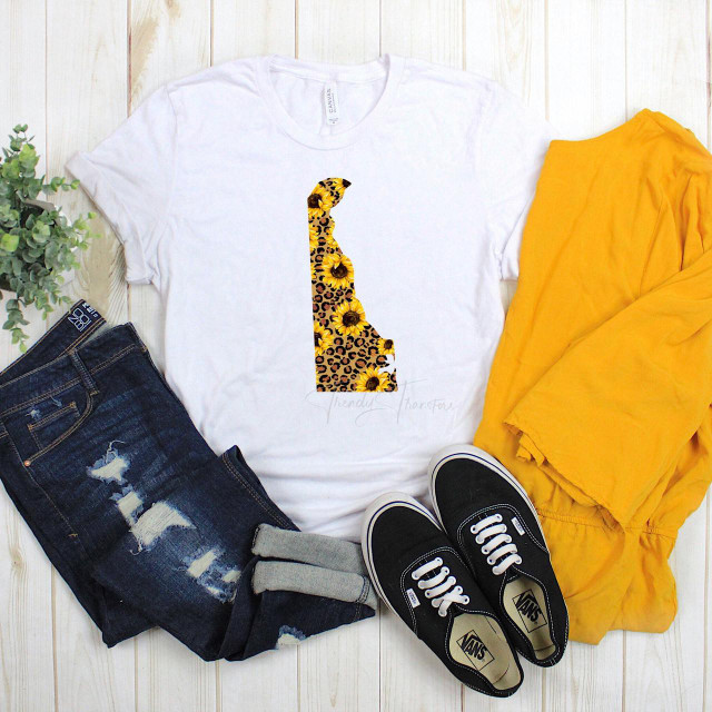 Delaware Leopard Sunflower Sublimation Transfer, white T-shirt with sunflower leopard print design in the shape of a giraffe.