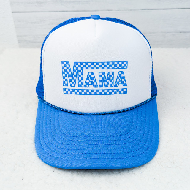 Neon BLUE Checkered MAMA Hat/Pocket Screen Print Heat Transfer, Blue and white trucker-style cap with checkered 'MAMA' text on front panel.