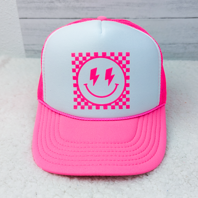 Neon PINK Checkered Happy Face Hat/Pocket Screen Print Heat Transfer