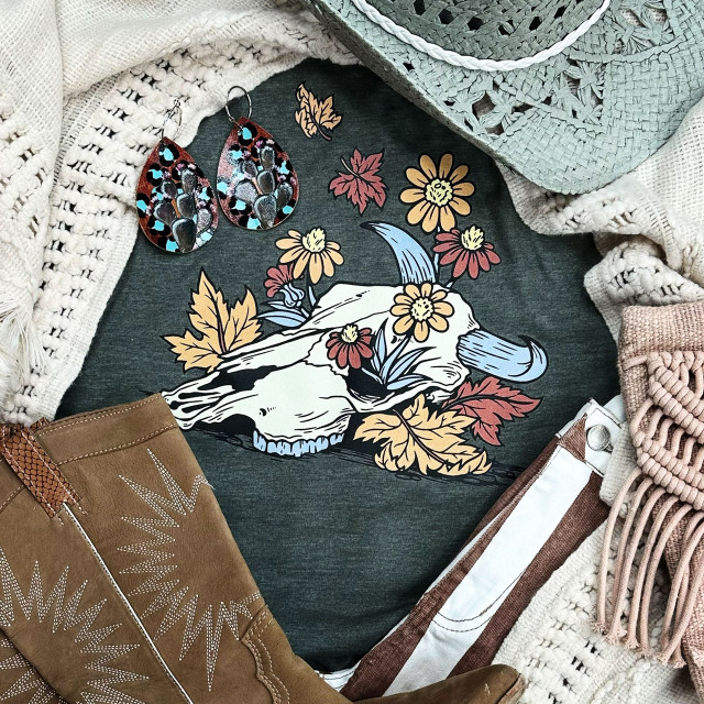 Fall Bull Skull Screen Print Heat Transfer, featuring a white bull skull with colorful flowers and autumn leaves on a dark background.