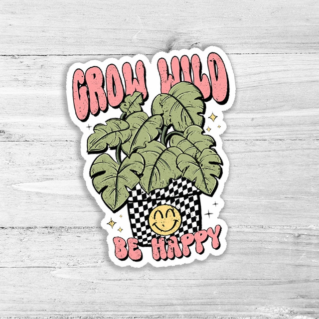 Grow Wild Be Happy Die Cut Sticker, illustrated plant with cheerful face in checkered pot and uplifting motivational message.
