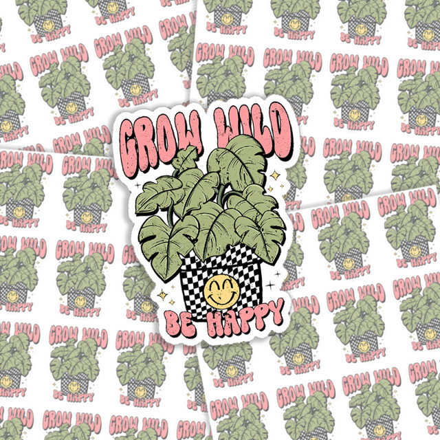 Grow Wild Be Free Sticker Sheet, digital illustration featuring a potted plant with happy face, with positive motivational phrases 'GROW HARD' and 'BE HAPPY' in a playful design.