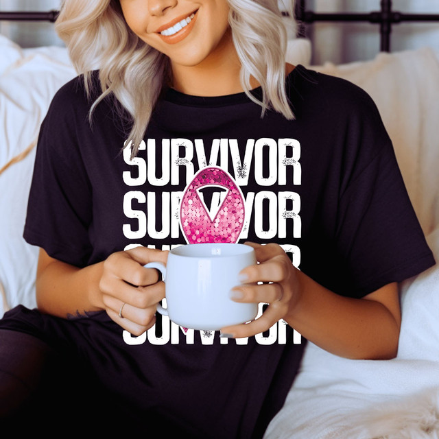 Survivor Faux Sequins Pink Ribbon DTF Heat Transfer