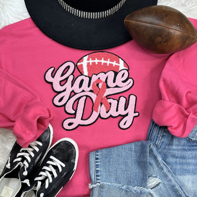 Breast Cancer Game Day Chenille Patch, pink and white embroidered patch with a football and pink ribbon representing breast cancer awareness.
