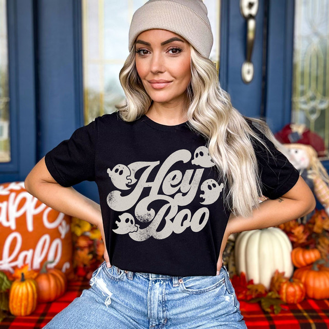 Hey Boo GREY DTF Heat Transfer, a black T-shirt featuring a Halloween-themed ghost design with the text 'Hey Boo' in grey color.
