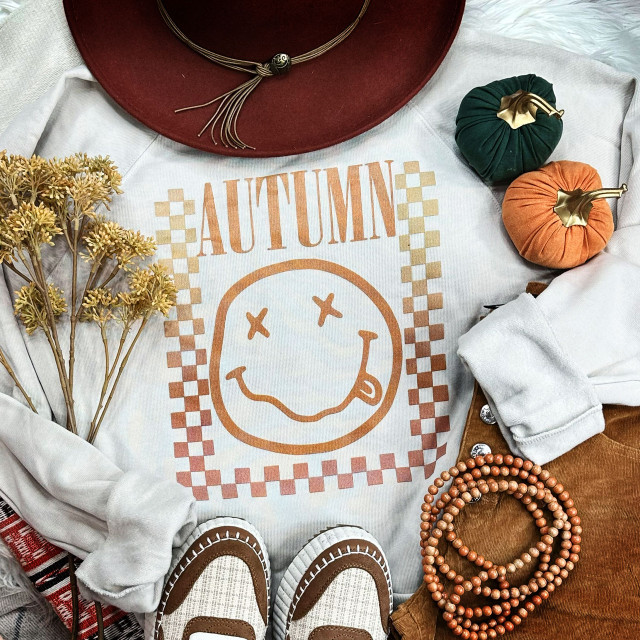 Checkered Autumn Screen Print Heat Transfer, orange and beige checked design with sentiment, placed on a white sweatshirt, surrounded by fall accessories including mini pumpkins, jewelry, and shoes.