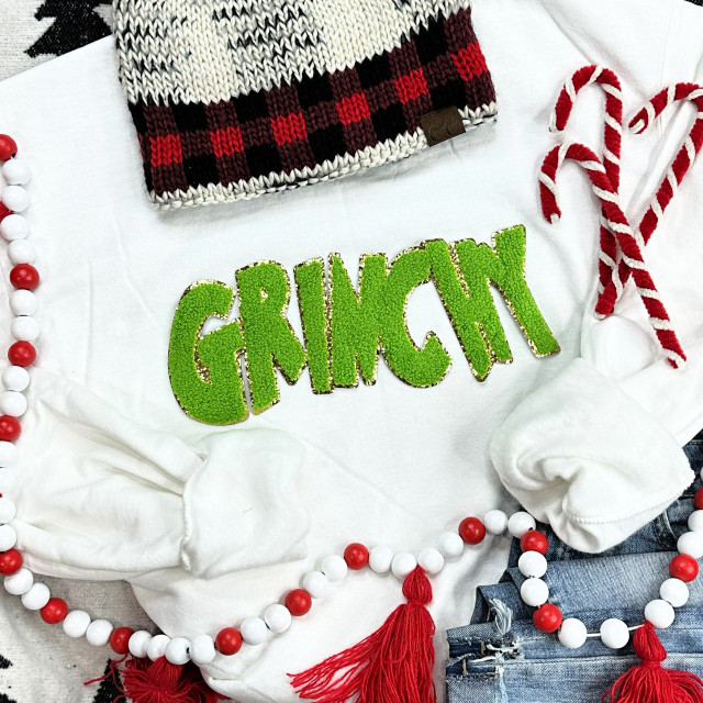 Grinchy Chenille Patch, green glittery chenille patch with the word 'GRINCHY' for holiday decorating.
