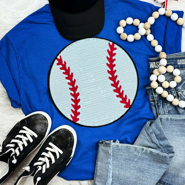 Sequins Baseball Patch, white and red sequin baseball patch with red seams on a blue t-shirt, surrounded by casual fashion accessories including sneakers, jeans, a black cap, and a beaded necklace.