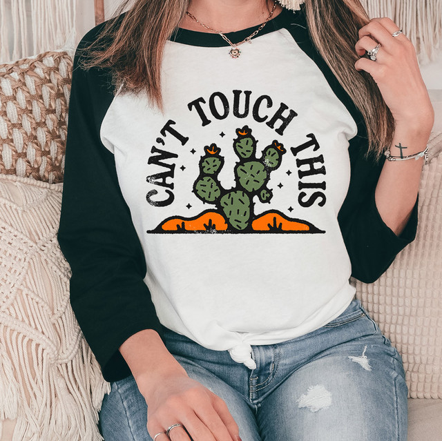 Can't Touch This DTF Heat Transfer, graphic shirt with cactus design and humorous phrase, casual woman's wear