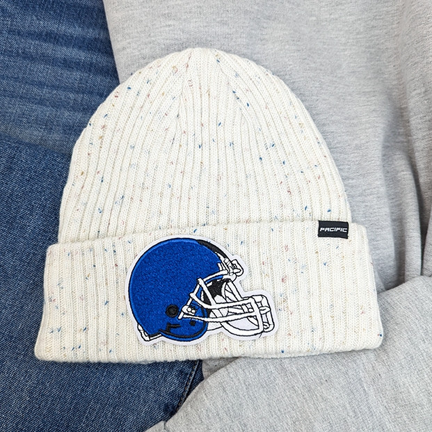 BLUE Football Helmet Hat/Pocket Chenille Patch, a white knit beanie with colorful speckles and a blue football helmet patch on the front.