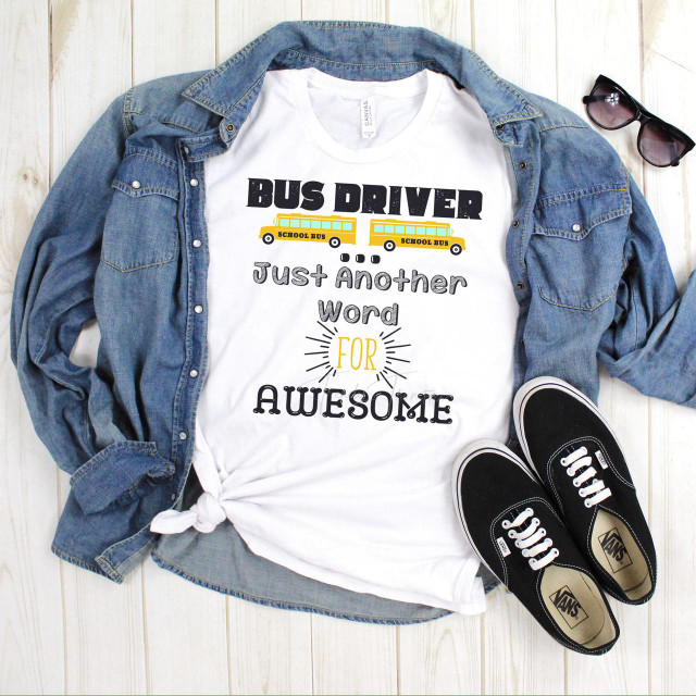 Bus Driver Is Just Another Word For Awesome Sublimation Transfer, trendy t-shirt design with bus graphics and playful text on a white shirt.