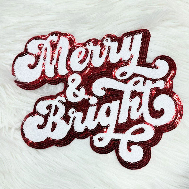 RED Merry & Bright Sequin Chenille Patch, festive holiday decorative appliqué with white and red sequins.