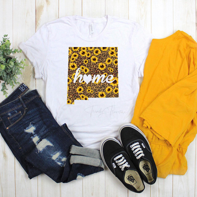 New Mexico Leopard Sunflower home Sublimation Transfer, graphic T-shirt with sunflower and leopard print design, white t-shirt with sublimation transfer print.