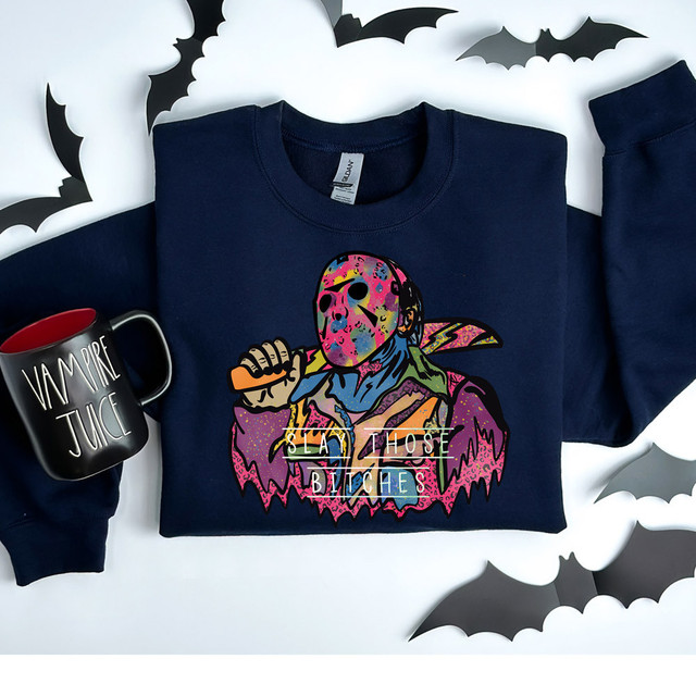 Slay Those Bitches DTF Heat Transfer, colorful graphic hoodie featuring a masked figure holding a baseball bat with the text 'Slay Those Bitches' on the front.