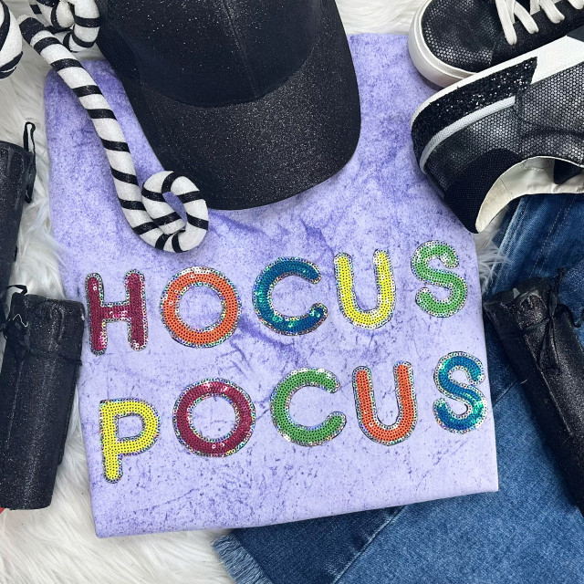 Hocus Pocus Sequin Patch Bundle, colorful sequin patches spelling out 'HOCUS POCUS' on a purple fabric background.