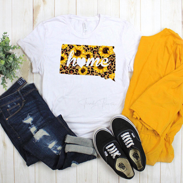 South Dakota Leopard home Sunflower Sublimation Transfer, white t-shirt with sunflower and leopard print design.