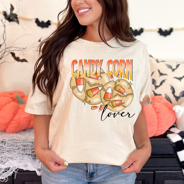 Candy Corn Lover DTF Heat Transfer, colorful candy corn graphic on a women's t-shirt for Halloween or fall season.