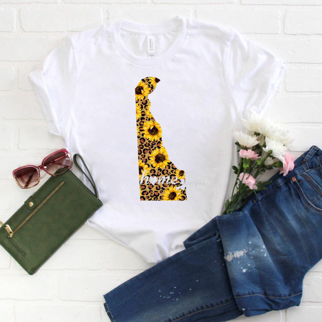 Delaware Leopard Sunflower Home Sublimation Transfer, White T-shirt with sunflower and leopard print design.
