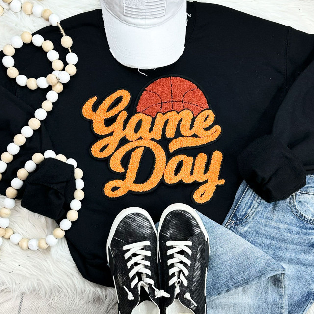 Basketball ORANGE Game Day Chenille Patch, a patch featuring an orange basketball and the words 'Game Day' in chenille embroidery.