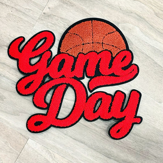 Basketball RED Game Day Chenille Patch, red and orange embroidered patch with the text 'Game Day' in bold red letters and a basketball design at the top.