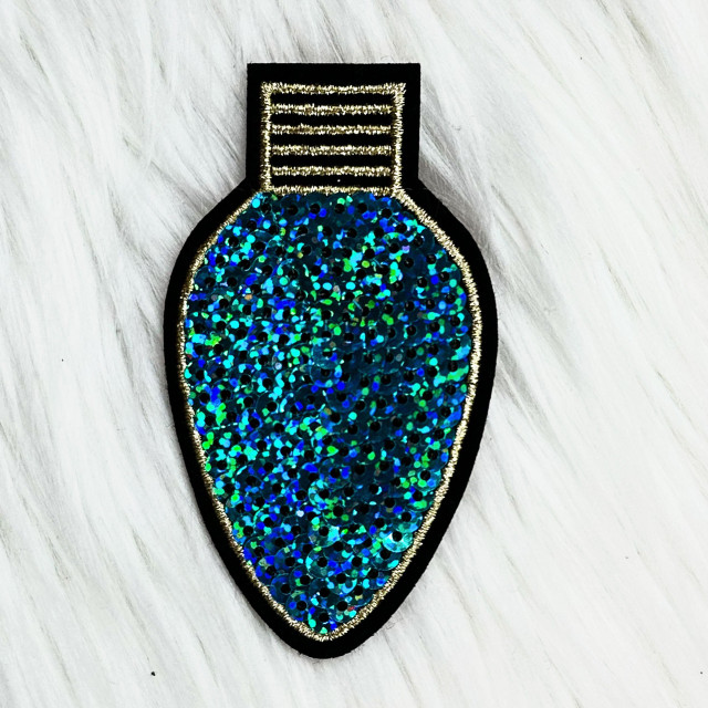 Sequin Bulb Patches, decorative patch with blue and green sequins inside a black outline.