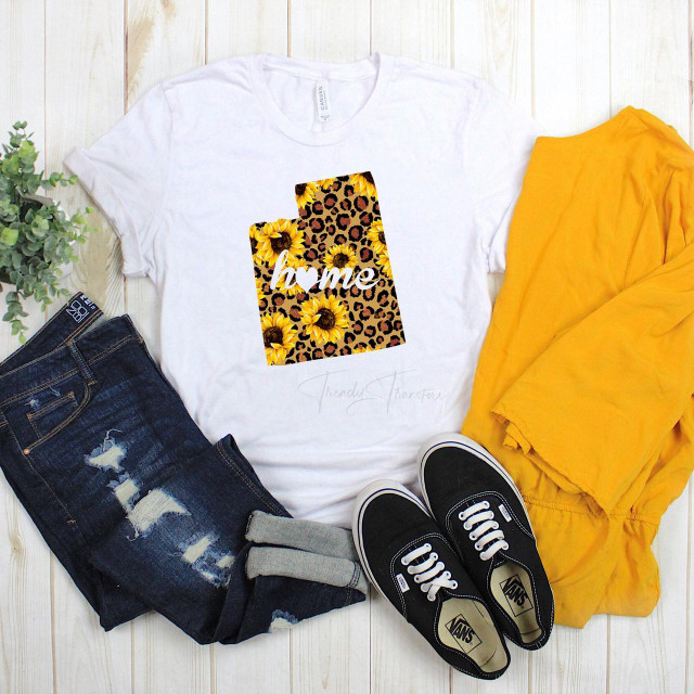 Utah Leopard Sunflower Home Sublimation Transfer, colorful design featuring sunflowers and leopard print on a white t-shirt.