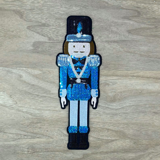 BLUE Nutcracker Sequins Embroidered Patch, a decorative patch featuring a Nutcracker doll design with blue sequins and embroidery details.