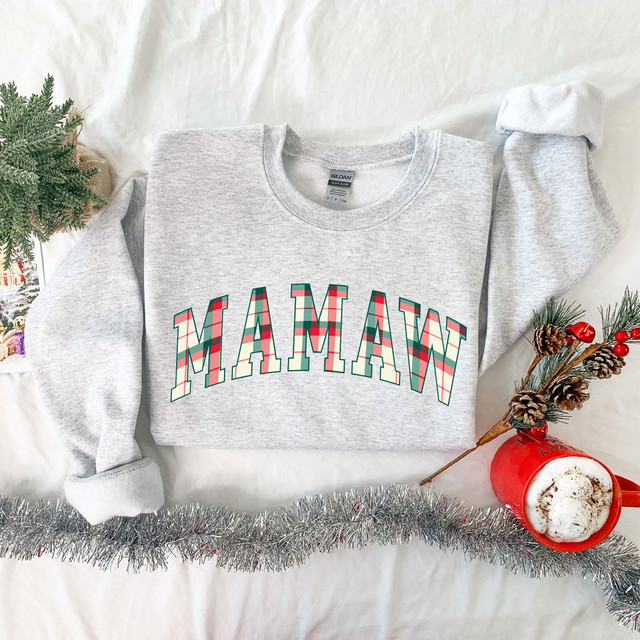 Mamaw Plaid DTF Heat Transfer, gray sweatshirt with colorful plaid pattern spelling 'MAMAW' on the front.