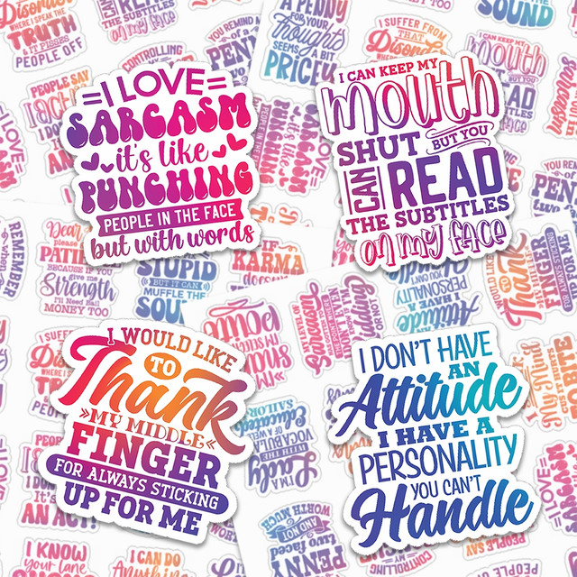Super Snarky Variety Pack Sticker Sheet, a collection of humorous and sassy stickers with witty phrases such as 'I love sarcasm,' 'I can keep my mouth shut but you can read the subtitles on my face,' 'I would like to thank my middle finger for always sticking up for me,' and 'I don't have an attitude, I have a personality you can't handle.'