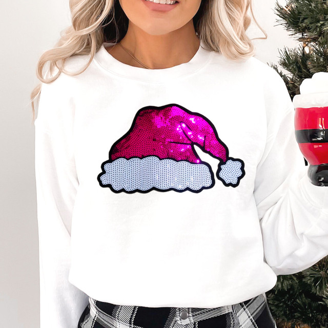 Sequin Santa Hat Patch, pink and red sequin embroidered Santa hat with white fluffy brim and pom-pom