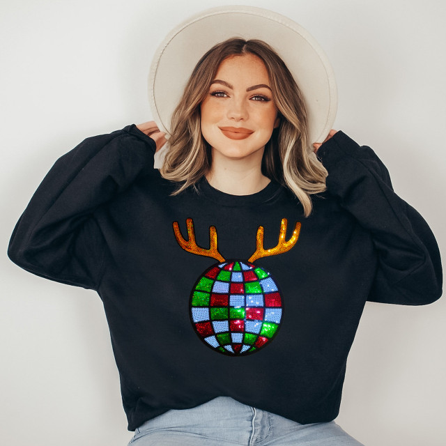 Reindeer Disco Ball Sequin Patch, colorful holiday-themed reindeer face with reindeer antlers and disco ball design.