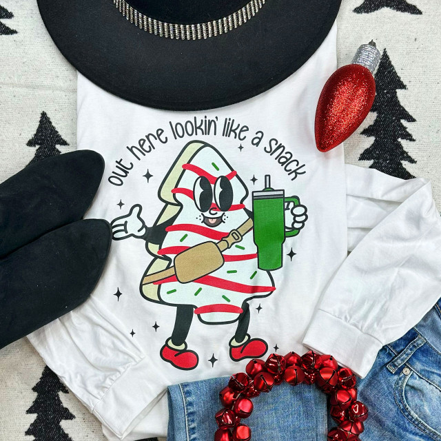 Out Here Lookin' Like A Snack Screen Print Heat Transfer, humorous design featuring a snack character with sunglasses and a drink, perfect for customization on clothing.