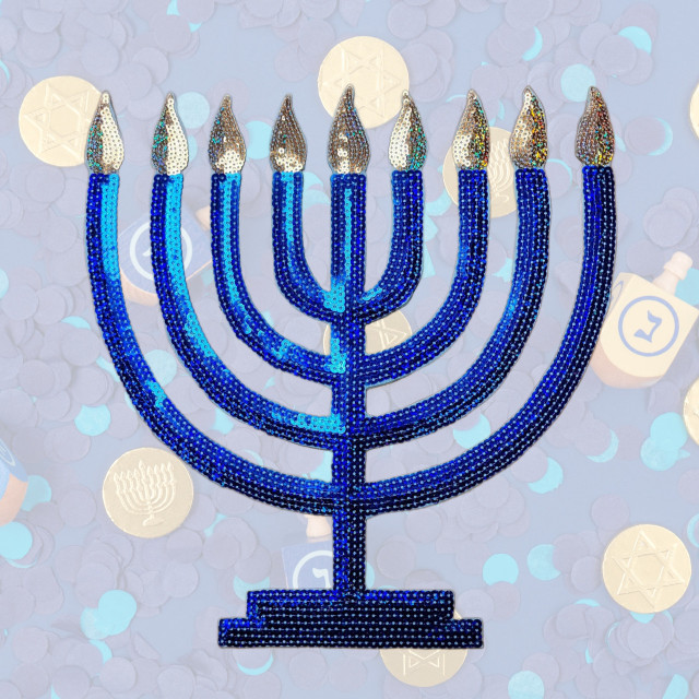 Menorah Sequin Patch, blue menorah design embellished with shiny sequins, perfect for Hanukkah celebrations and festive garment decoration.