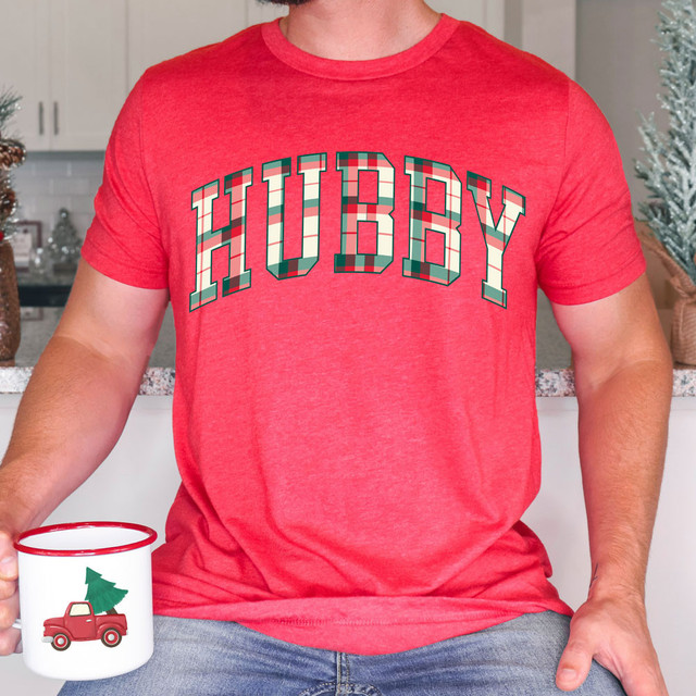 Hubby Plaid DTF Heat Transfer, red t-shirt with plaid design text 'HUBBY' on the front.