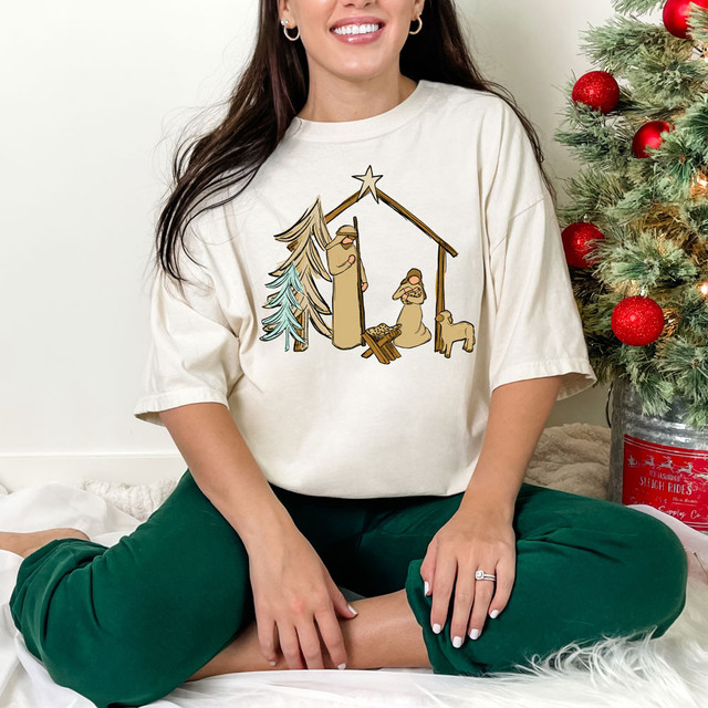 Nativity Scene DTF Heat Transfer, Christmas nativity scene print featuring Mary, Joseph, baby Jesus, a star, and a manger on a person's white T-shirt.