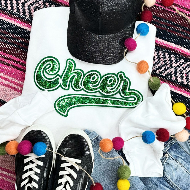 GREEN Cheer Sequin Patch, a vibrant green sequin embroidered patch with the word 'Cheer' on a white fabric background.