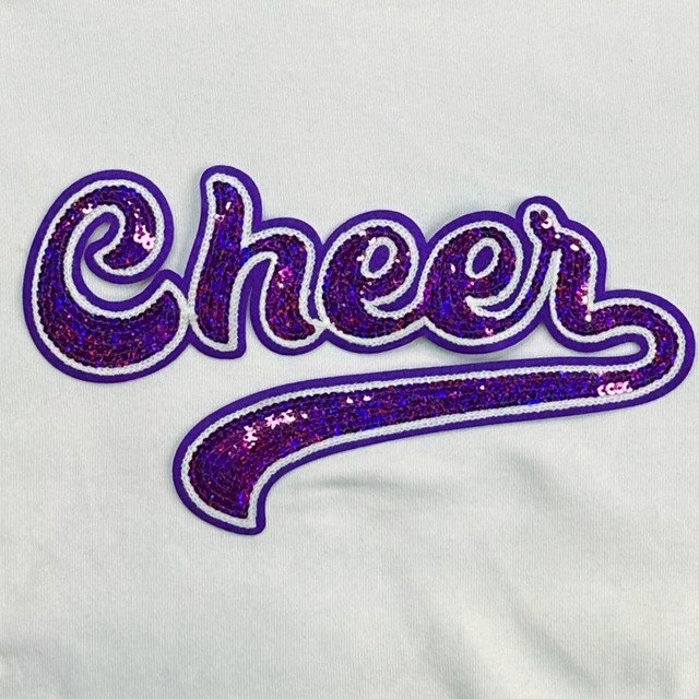 Purple Cheer Sequin Patch, colorful sequined cheer word patch on white background