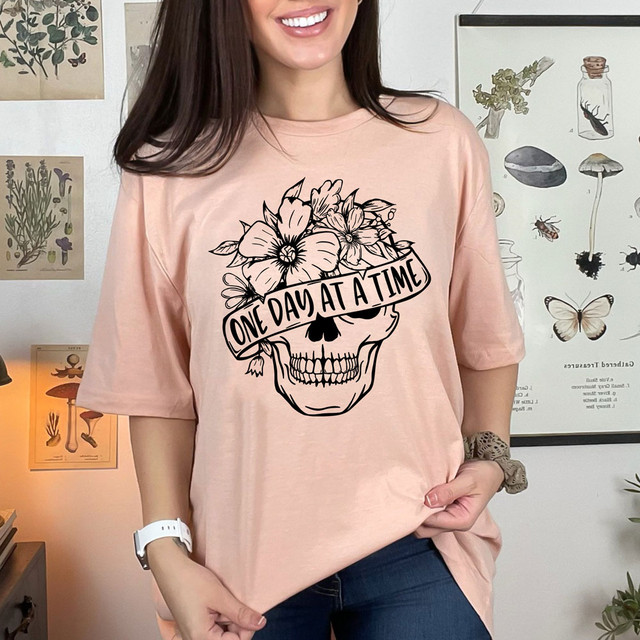 One Day At A Time Floral Skull DTF Heat Transfer