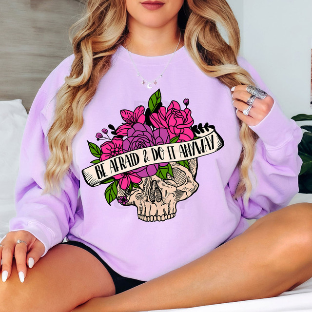 Be Afraid & Do It Anyway Pink/Purple Floral Skull DTF Heat Transfer