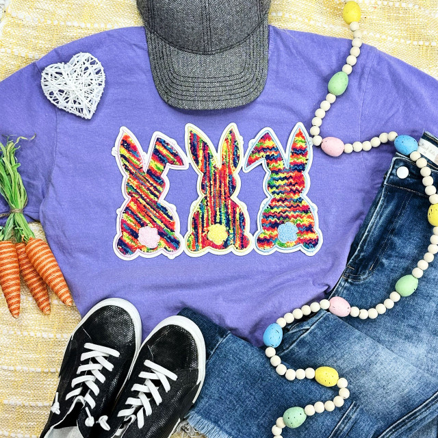 TRIPLE Bunny Chenille Patch, colorful embroidered bunny patch design on purple T-shirt