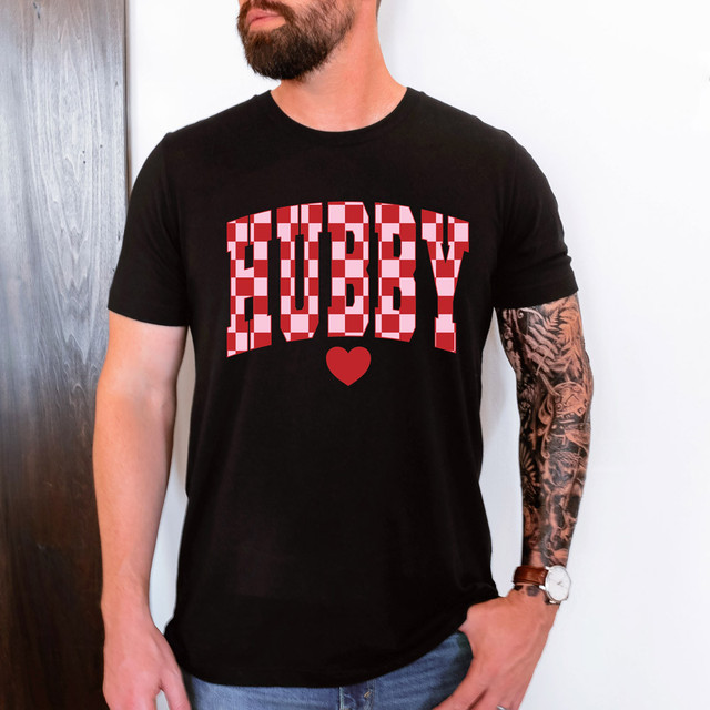 Hubby Valentine Checkered DTF Heat Transfer, Black T-shirt with red checkered 'HUBBY' text and a red heart graphic.