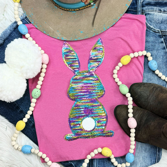 Adult Rainbow Bunny Sequin Patch, colorful iridescent sequin bunny patch on pink t-shirt with floral beaded necklace and casual accessories.