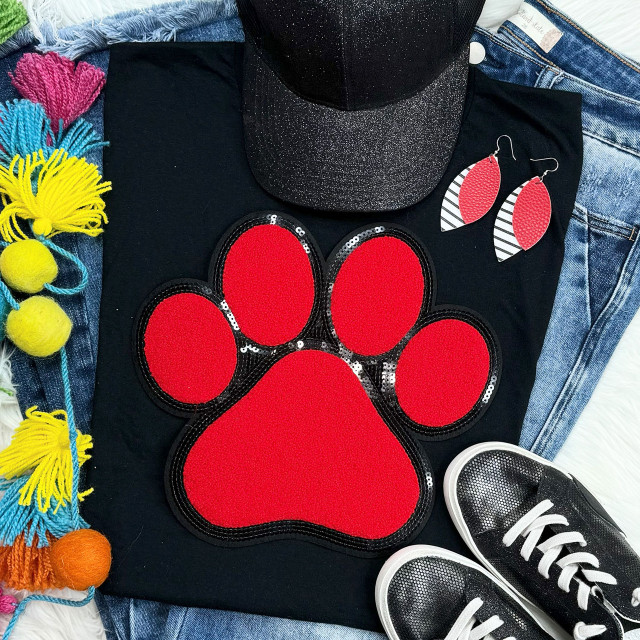 Dog Paw Red Chenille Patch, red and black sequin embroidered paw print patch for clothing and accessories.