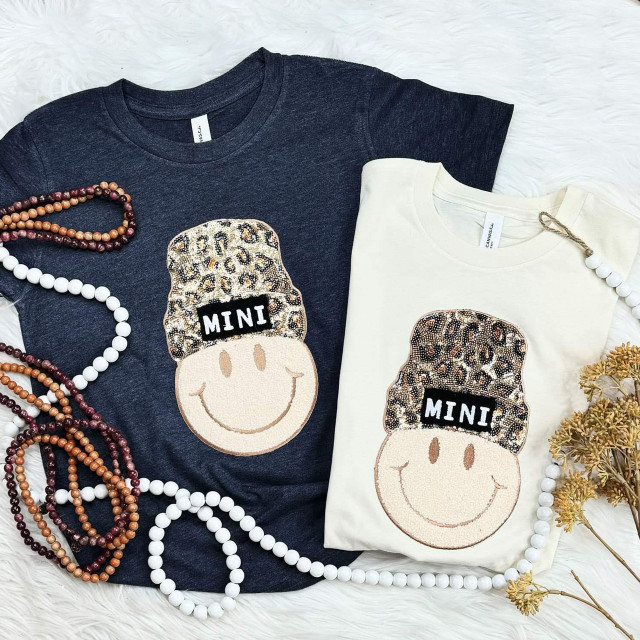 Mini Beanie Happy Face Sequin Patch, embroidered smiley face with leopard print beanie patch on T-shirts