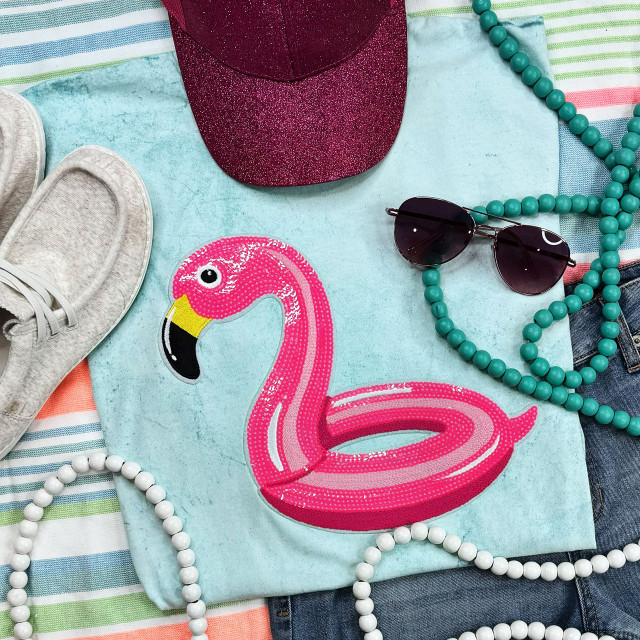 Pink Flamingo Floaty Sequin Patch, colorful flamingo design with pink sequins on a fabric background.