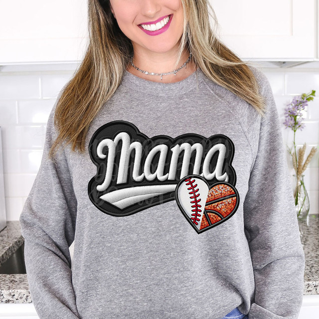 Baseball/Basketball Mama Heart FAUX Embroidery DTF Heat Transfer