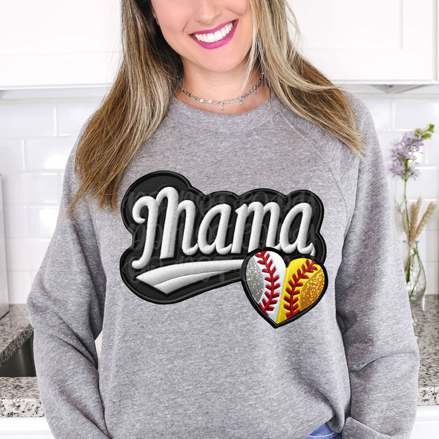 Baseball/Softball Mama Heart FAUX Embroidery DTF Heat Transfer